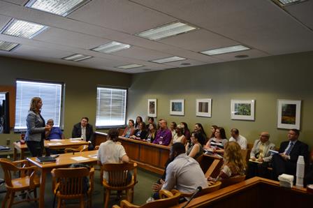 Hannah Estabrook, Coordinator of CATCH at the Franklin County Municipal Court, educating Akron Municipal Court staff and community partners about the program created for adult female victims of human trafficking, prostitution and sexual exploitation.